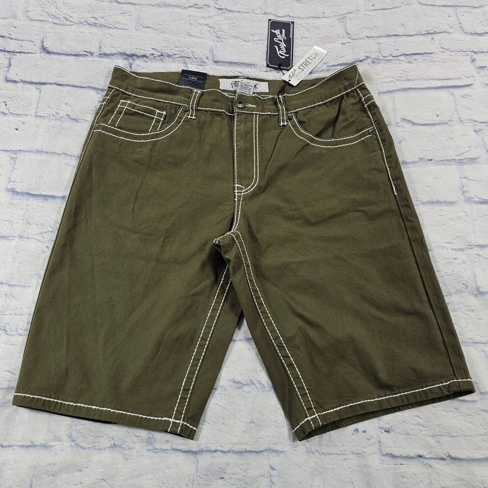 True Luck Jeans Shorts MENS 34 Olive Green White Contrast Stitch Classic Stretch